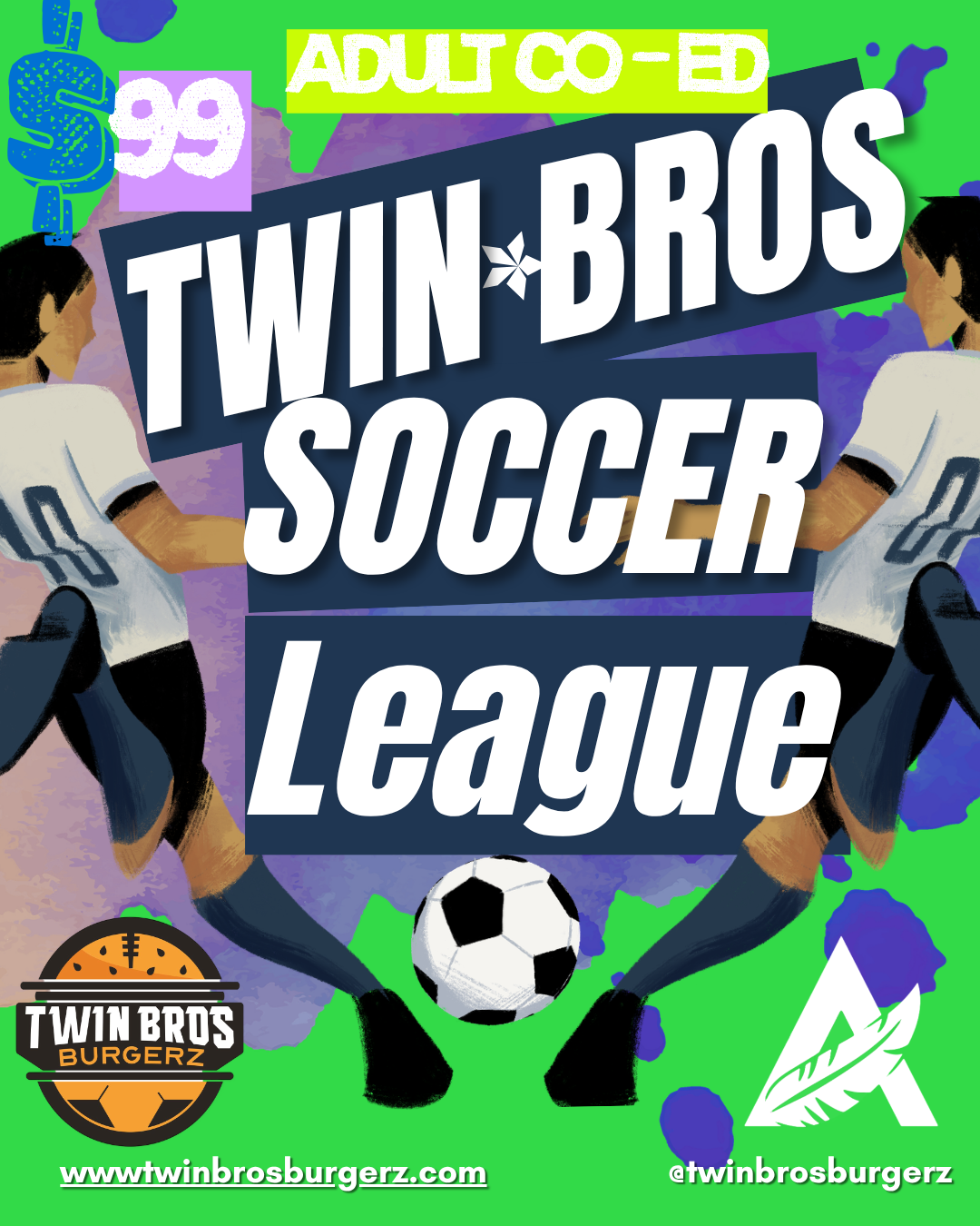 Poster for adult co-ed twin brothers soccer league featuring two players in white jerseys, a soccer ball, and a kitten logo, with event details and website.