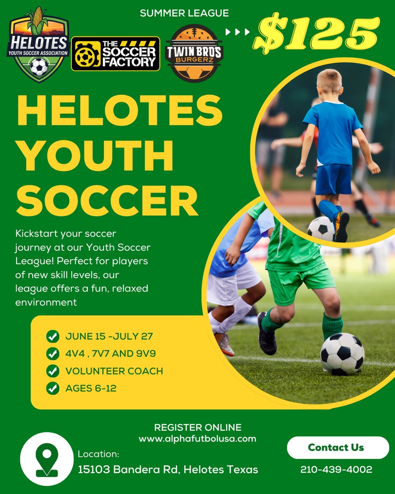 Flyer for Helotes Youth Soccer League featuring children playing soccer, with details about the league, schedule, age groups, and registration information.
