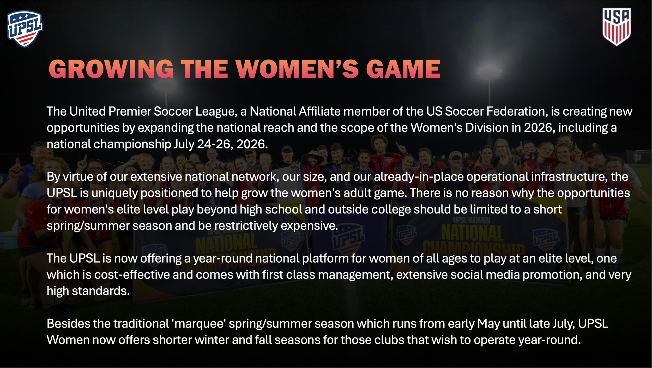 A summary of the footprint of Upsl Women Soccer