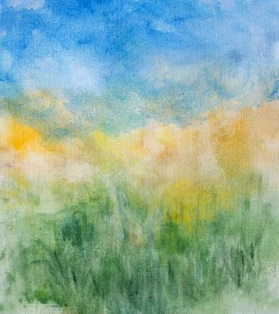Soft abstract watercolor painting with blue sky tones, green brushstrokes, and warm yellow highlights.