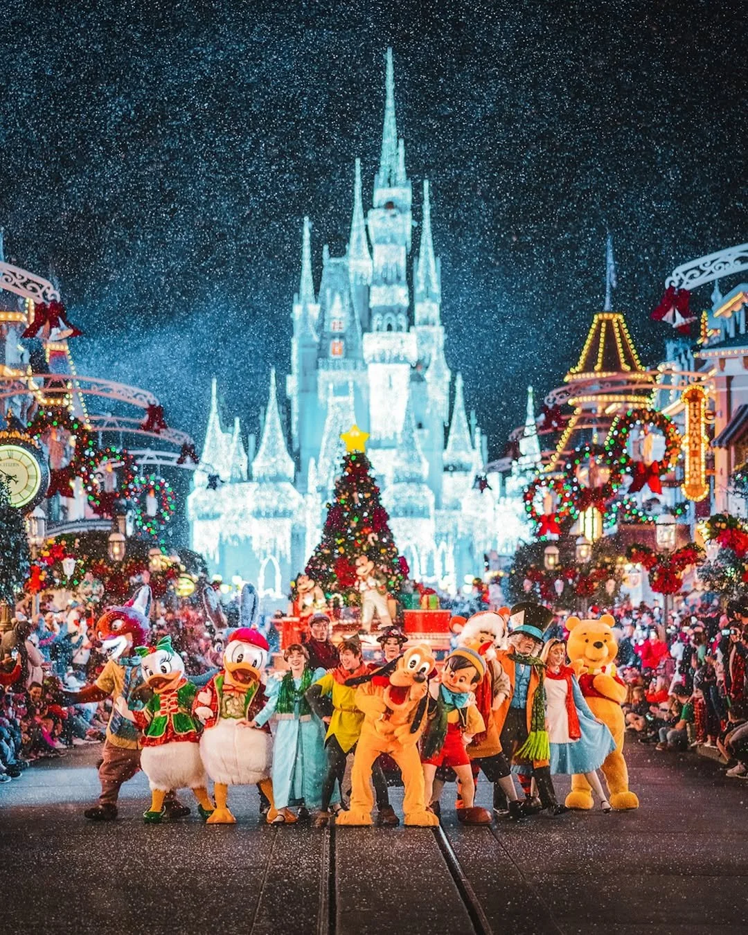 Disney characters including Mickey Mouse, Minnie Mouse, Donald Duck, Daisy Duck, and others dressed in holiday costumes, standing in front of a decorated Christmas scene with a large Christmas tree and Cinderella's Castle lit up in the background, du
