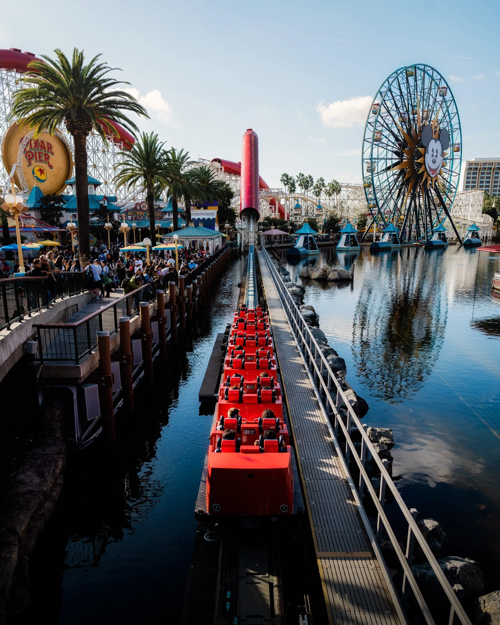 A Disney California Adventure amusement park with a Mickey Mouse Ferris wheel and a red roller coaster over a waterway, surrounded by palm trees and crowds.