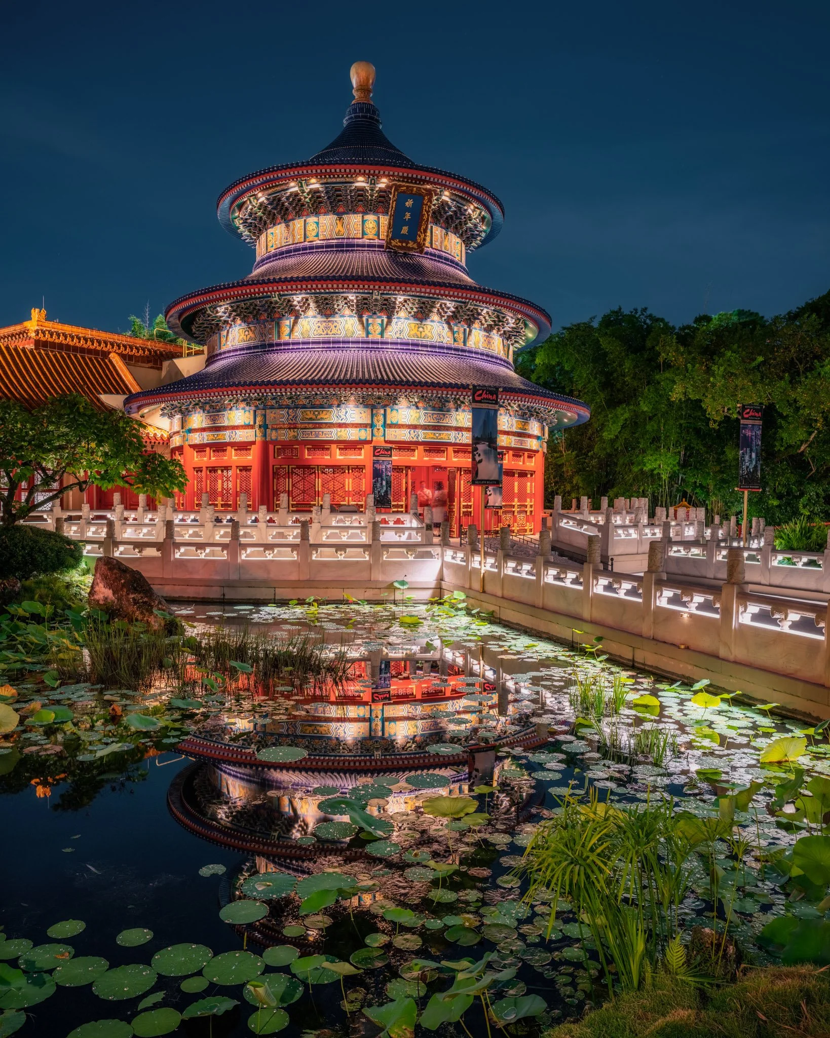Night view of a traditional Chinese-style pagoda with colorful, intricate designs, reflected in a pond with lily pads and surrounded by green foliage.