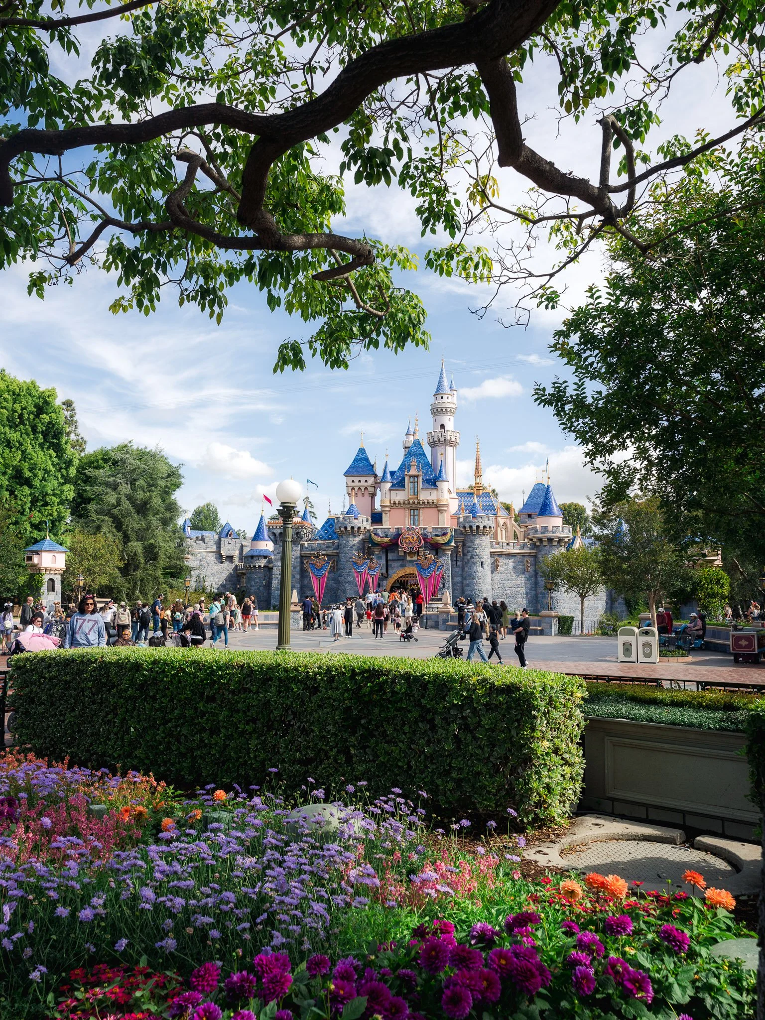 A castle with blue turrets and flags under a partly cloudy sky, viewed through trees and colorful flowers in the foreground at a Disney park.