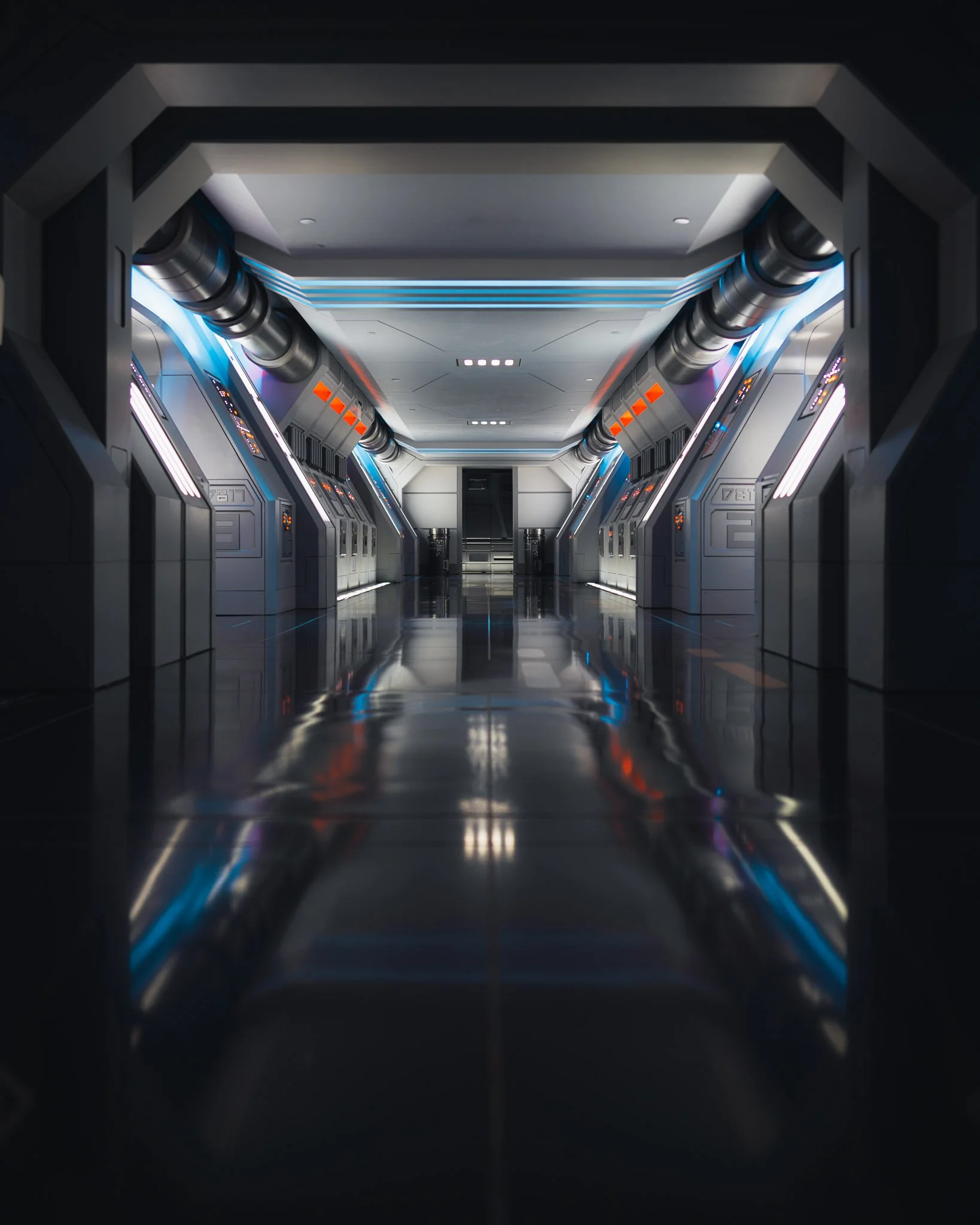 Futuristic corridor with sleek metallic walls, blue LED accents, and reflective flooring, evoking a sci-fi spaceship or space station interior.