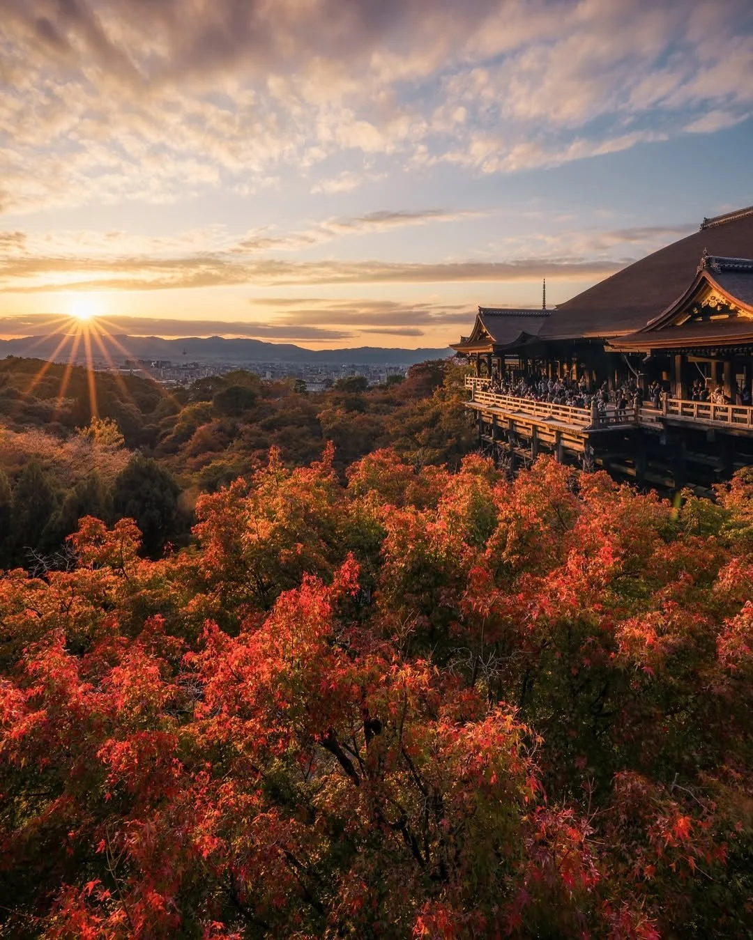 Sunset over a traditional Japanese temple with autumn-colored trees in the foreground.