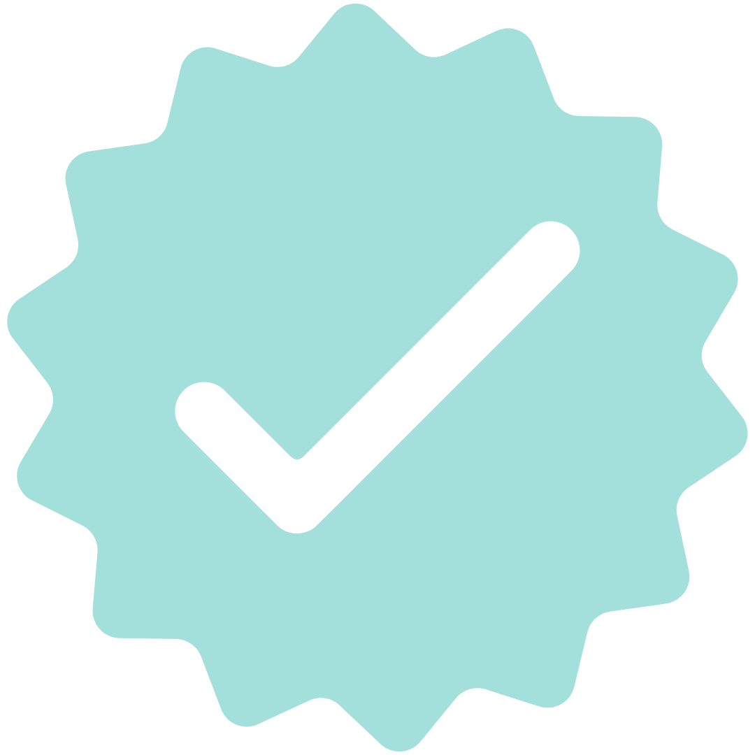 A teal badge with a white checkmark icon in the center.