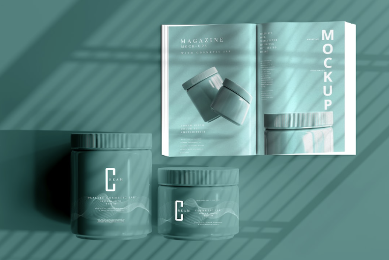 Cosmetic jars and magazine mockup on teal background