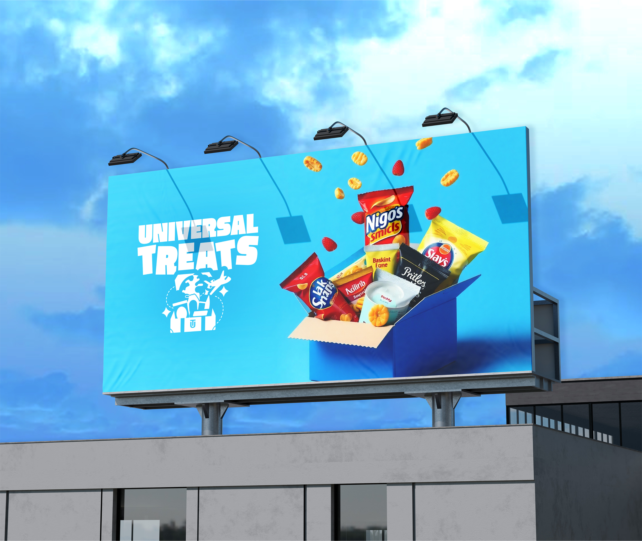 Billboard displaying snacks with the text 'Universal Treats' against a blue sky. Assorted snack packages, including chips and more, are shown emerging from a box.