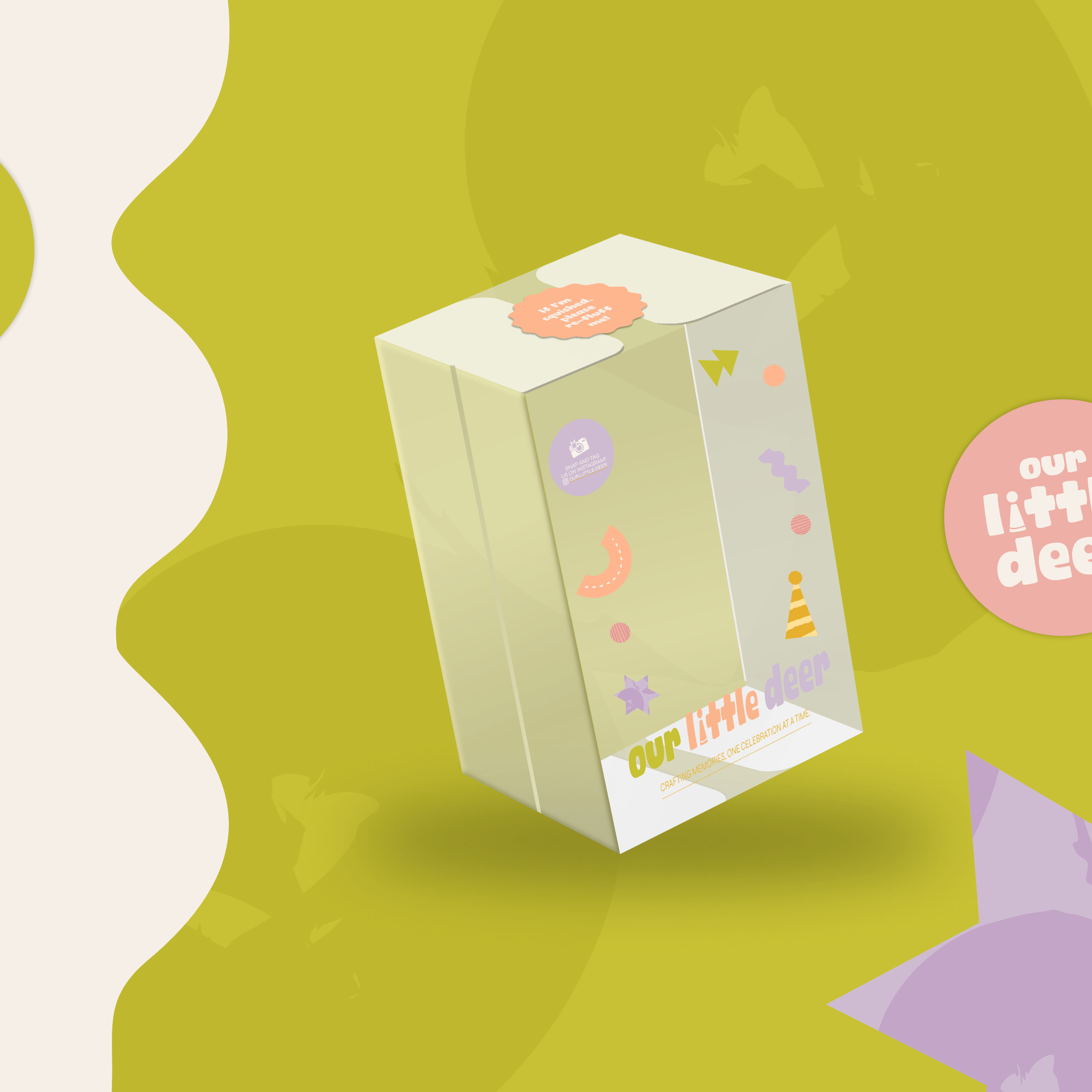 Illustration of a box labeled "Our Little Deer," with playful geometric designs and pastel colors, set against an abstract green background.