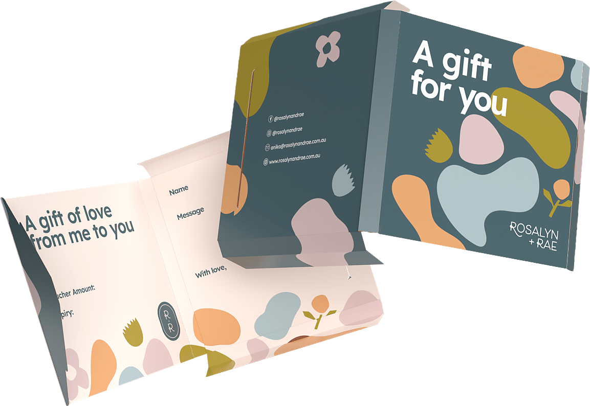Gift card with abstract design and text saying "A gift for you" and "A gift of love from me to you," featuring contact details for "Rosalyn + Rae."