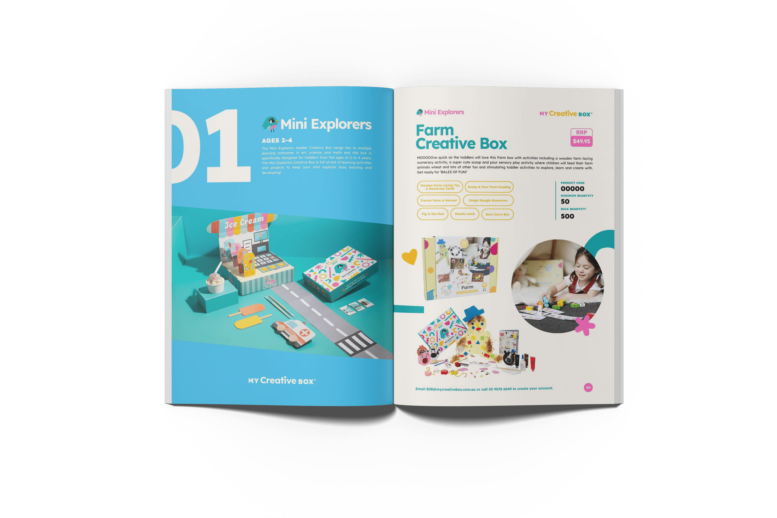 Open brochure for "My Creative Box," featuring "Mini Explorers" for ages 2-4. Left page shows an ice cream stand model and creative play items. Right page describes the "Farm Creative Box" with activity examples and a photo of a child playing. Pricin