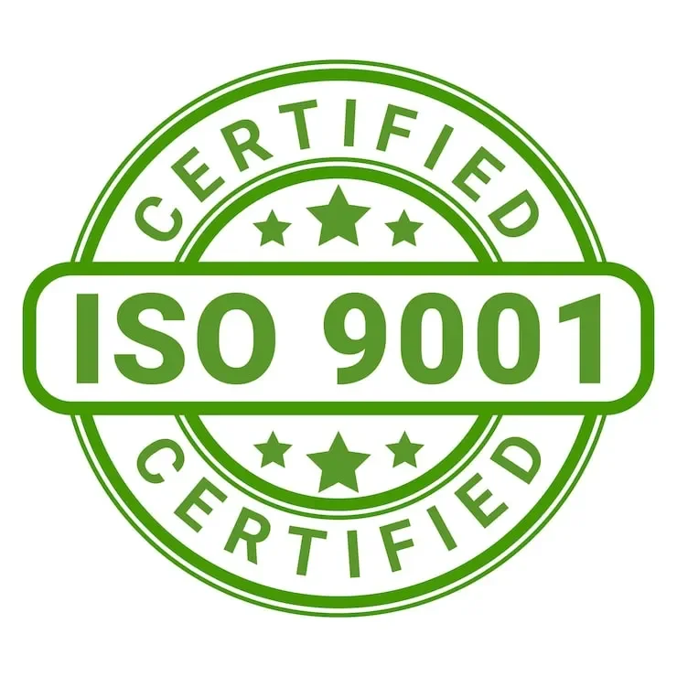 A green circular badge with the words "Certified ISO 9001 Certified" and stars.