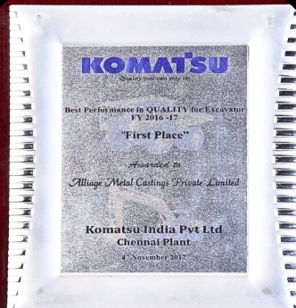 Plaque awarded to Allisge Metal Castings Private Limited by Komatsu India Pvt Ltd for first place in quality at Chennai plant for the fiscal year 2016-17.