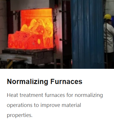 Furnace in a metalworking facility with glowing orange and yellow metal parts inside.