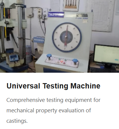 Universal testing machine with a large dial and testing controls, used for mechanical property evaluation of castings, in a lab setting with a computer monitor nearby.