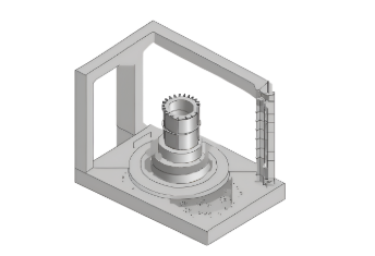 3D technical drawing of a machine component with a rotating cylindrical part and a vertical gear or rack.