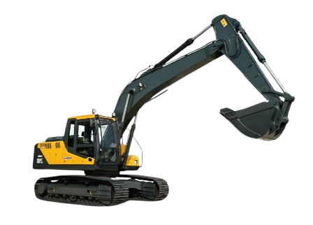 A yellow and black excavator with a large arm and bucket, set against a black background.