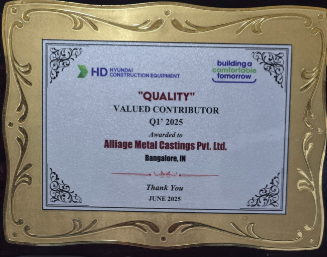 Certificate of appreciation awarded to Alliead Metal Castings Pvt. Ltd. by Hyundai Construction Equipment, Bangalore, in June 2025, for being a valued contributor in Q1 2025.