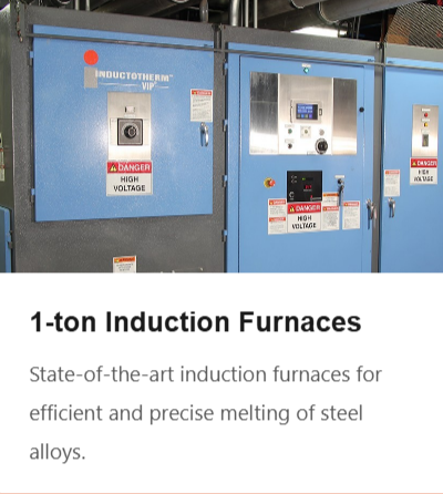 Industrial blue 1-ton induction furnaces with control panels and warning signs, used for melting steel alloys.