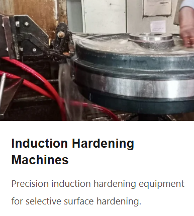 Close-up of an induction hardening machine with red cables, used for surface hardening processes.