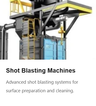 Industrial shot blasting machine with metal structure and yellow safety railings for surface preparation and cleaning.