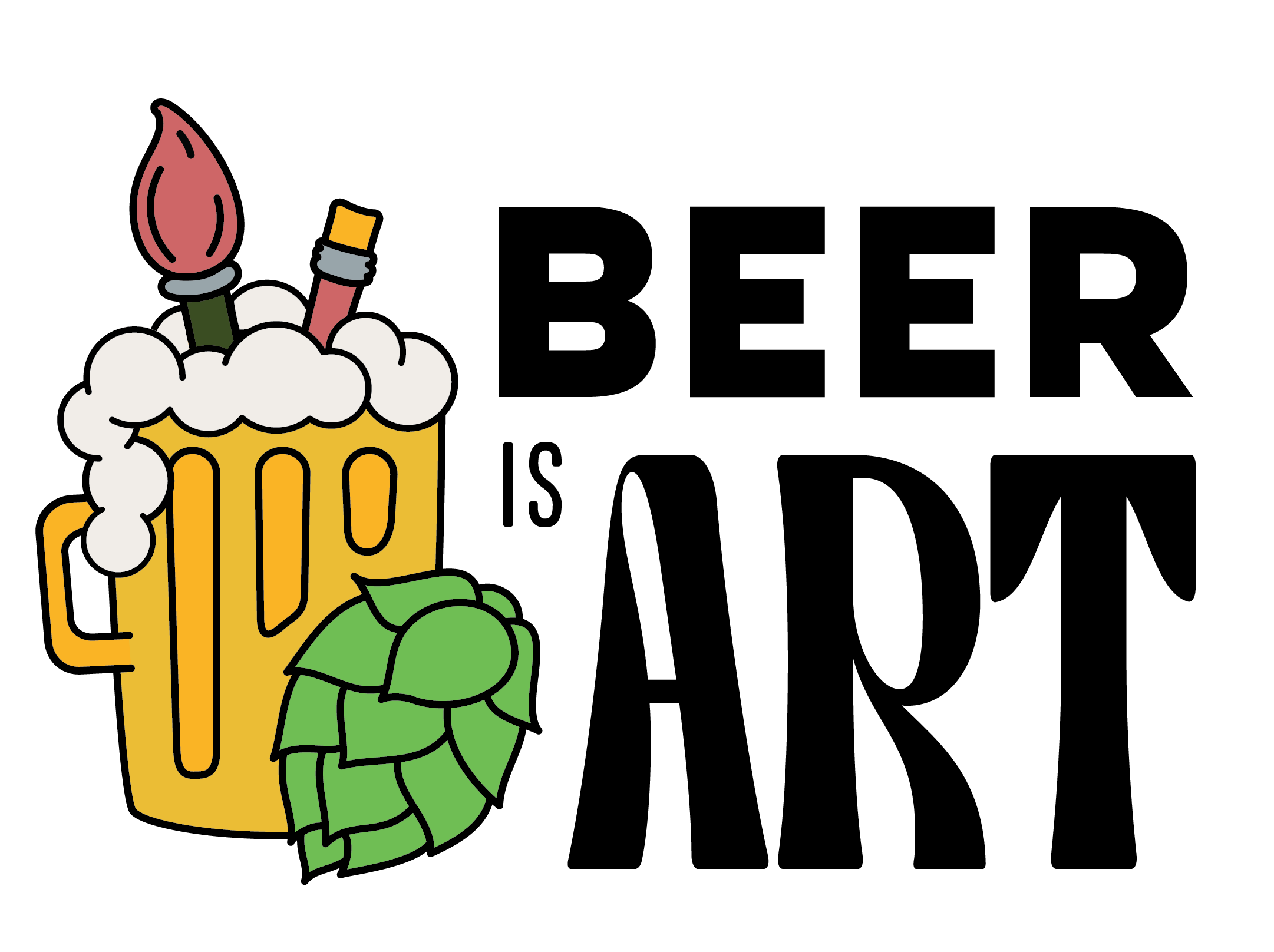Logo for Beer Is Art showing a beer mug with a paint brush and pencil sticking out, and hop cone beside.