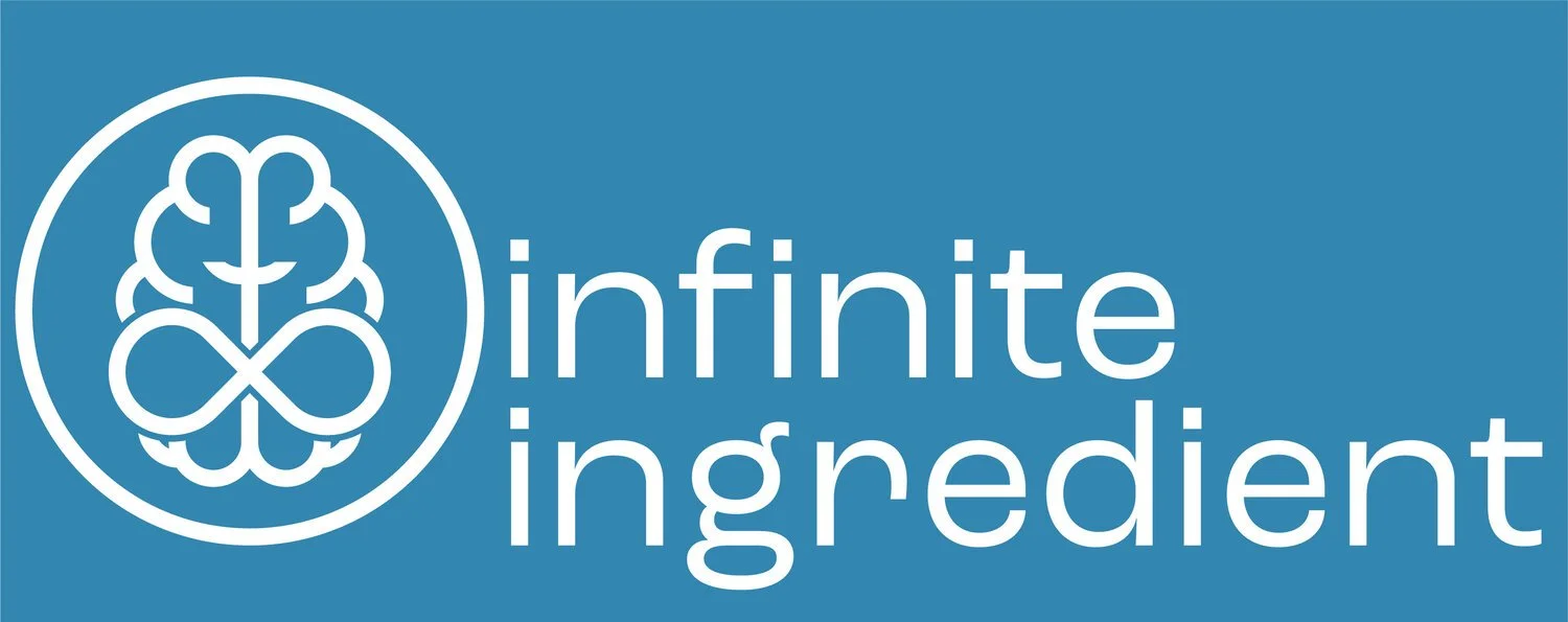 Logo for Infinite Ingredient, with blue background and a logo of an infinity symbol over either a brain or a hop cone.