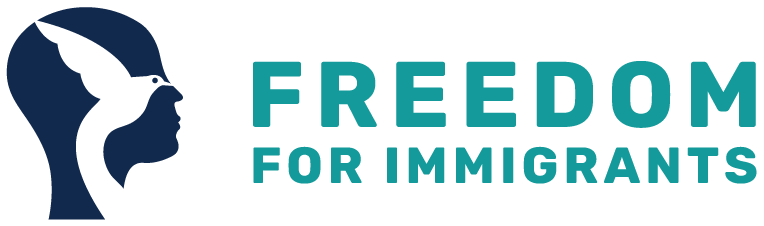 Logo for Freedom for Immigrants with silhouette of human head in blue with white dove superimposed over it.