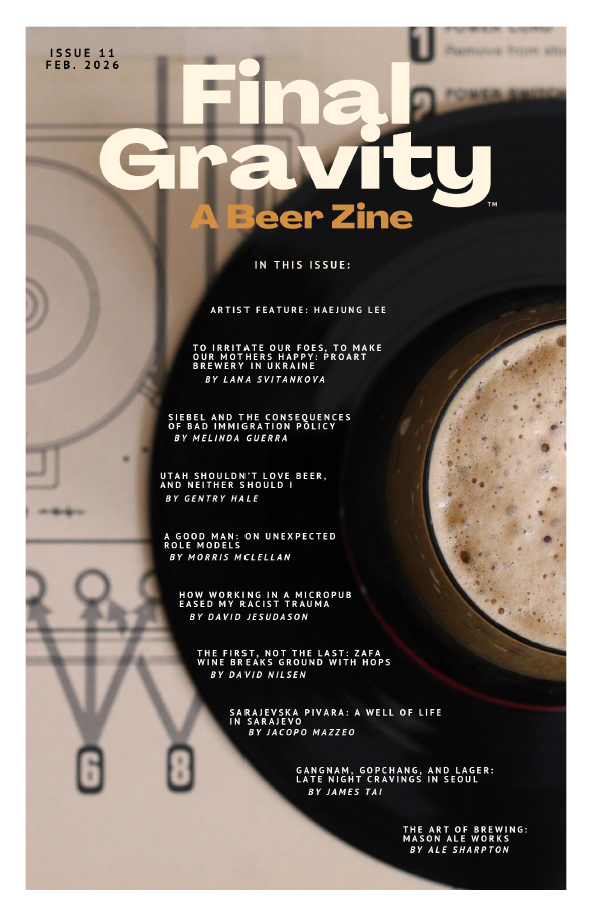 Photo of the cover of Final Gravity Issue 11, showing a beer glass from the top sitting on a vinyl record and a schematic. The titles of the articles in this issue are on the cover.