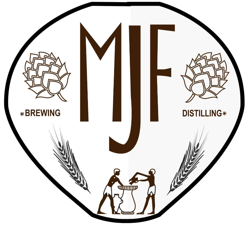 Logo for Michael J. Jackson Foundation for Brewing and Distilling, showing drawings of hops and barley, with two people brewing in a clay vessel.
