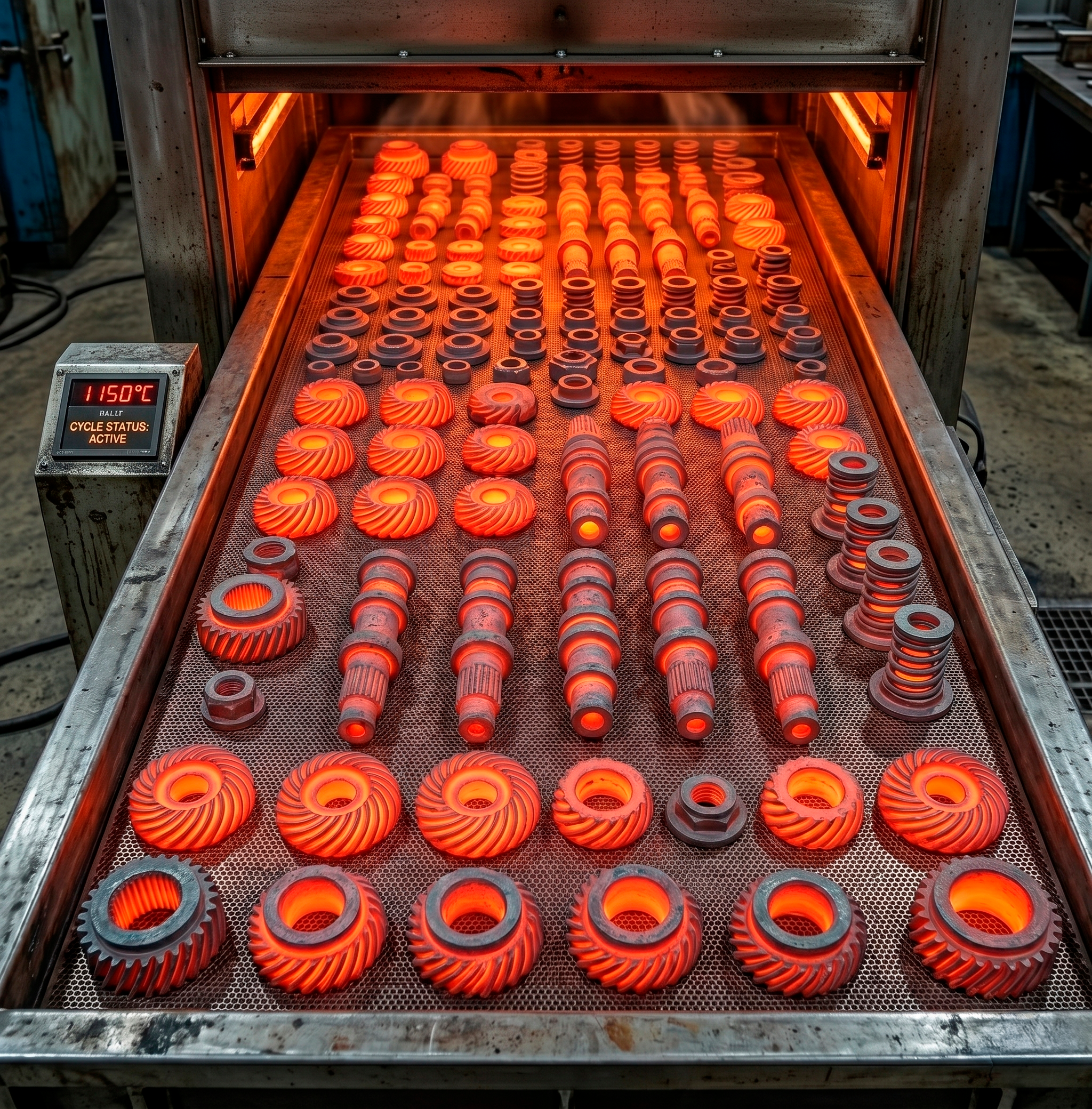 Molde de fundición con varias piezas de maquinaria de color naranja, dentro de una máquina de fundición a alta temperatura, con un termómetro digital que indica 1150°C y el estado de ciclo activo.