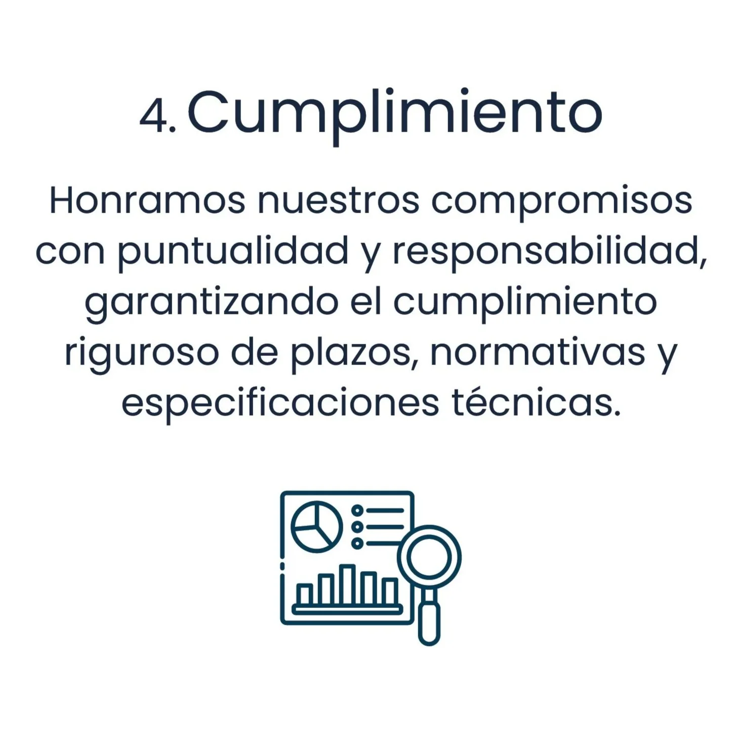 Texto que dice '4. Cumplimiento' y descripción de un gráfico con lupa y datos estadísticos.