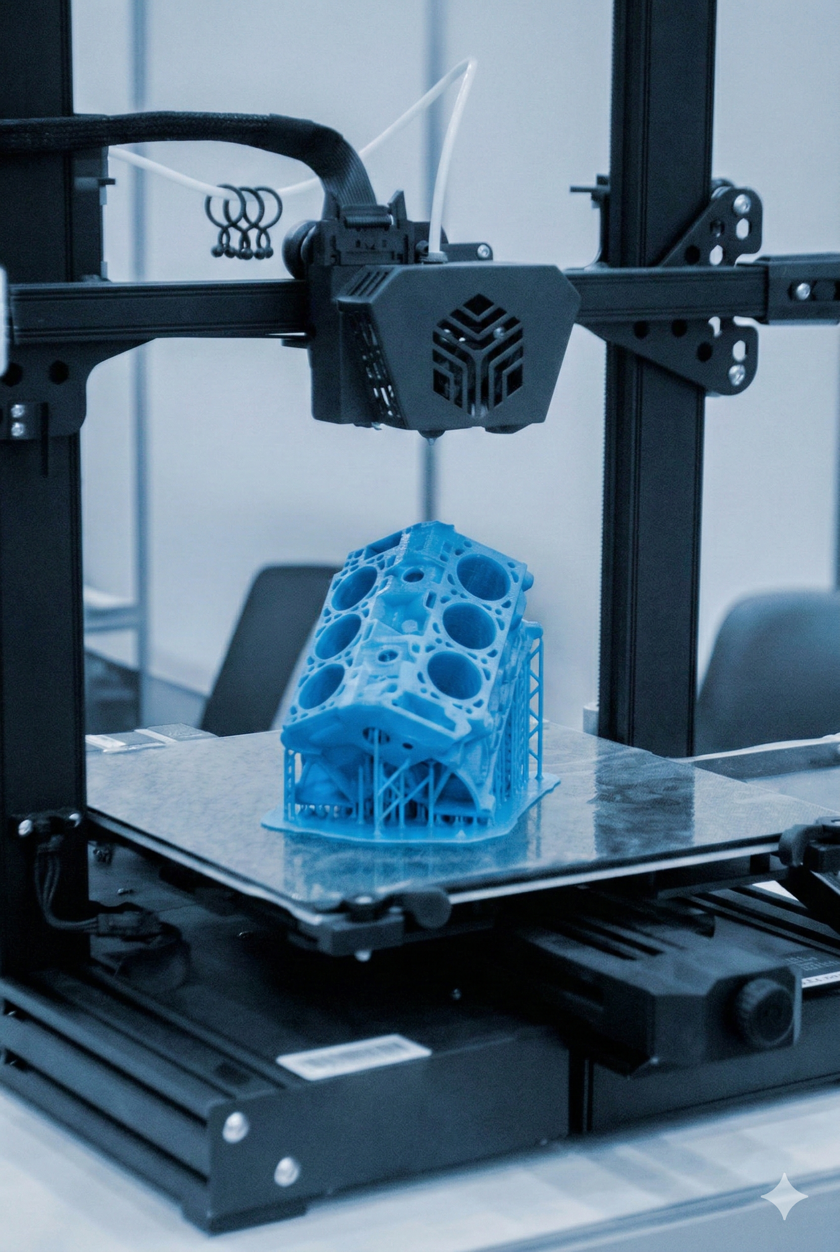 Una impresora 3D en proceso, con una estructura azul de plástico en la cama de impresión y componentes mecánicos visibles en la máquina.