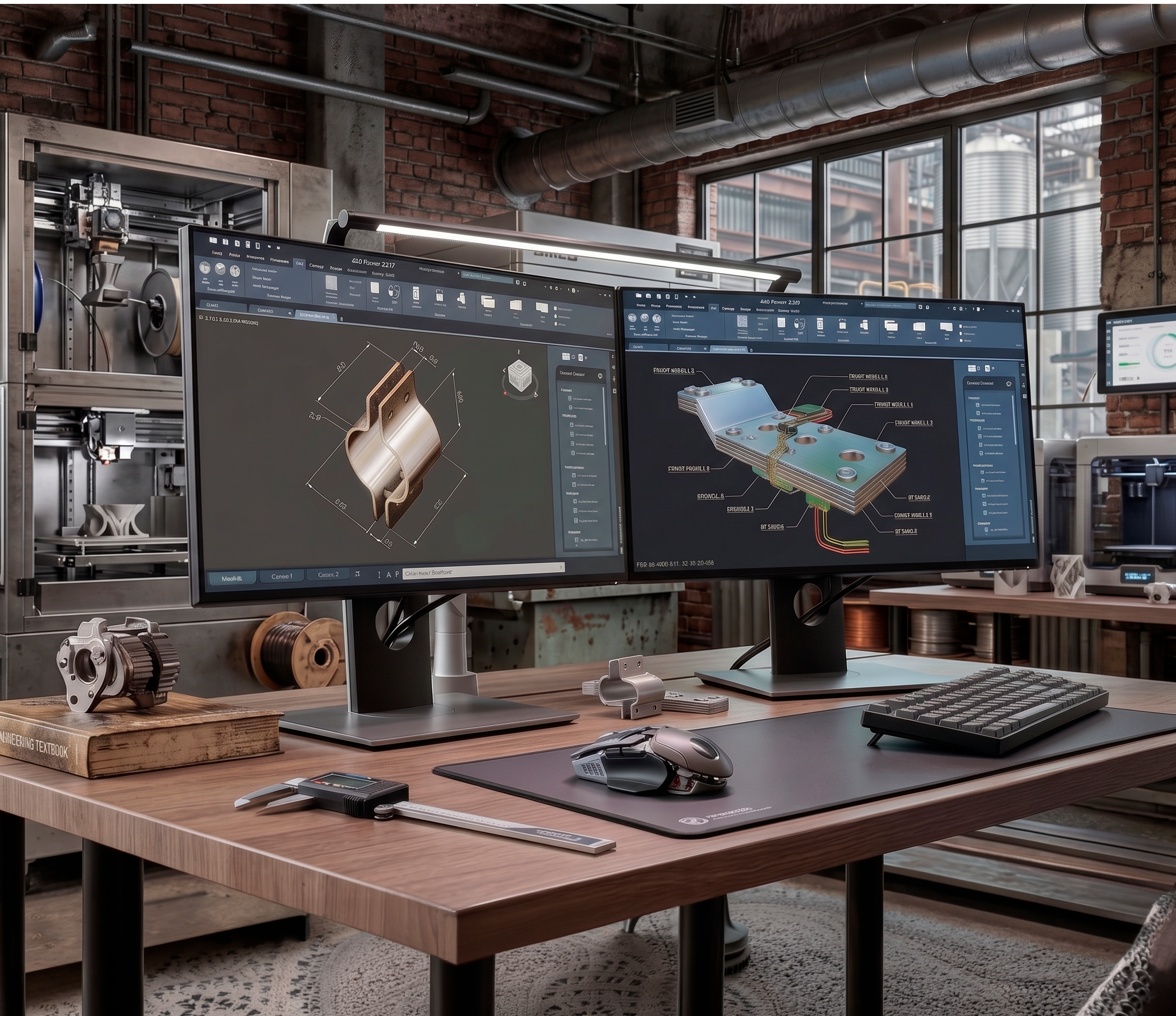 Un espacio de oficina moderna con paredes de ladrillo expuesto y grandes ventanas. En el escritorio de madera hay dos pantallas de computadora con diseños técnicos y modelos 3D en la pantalla, además de accesorios como teclado, ratón, calculadora y una lámpara. También se observan componentes mecánicos y herramientas alrededor del área de trabajo.