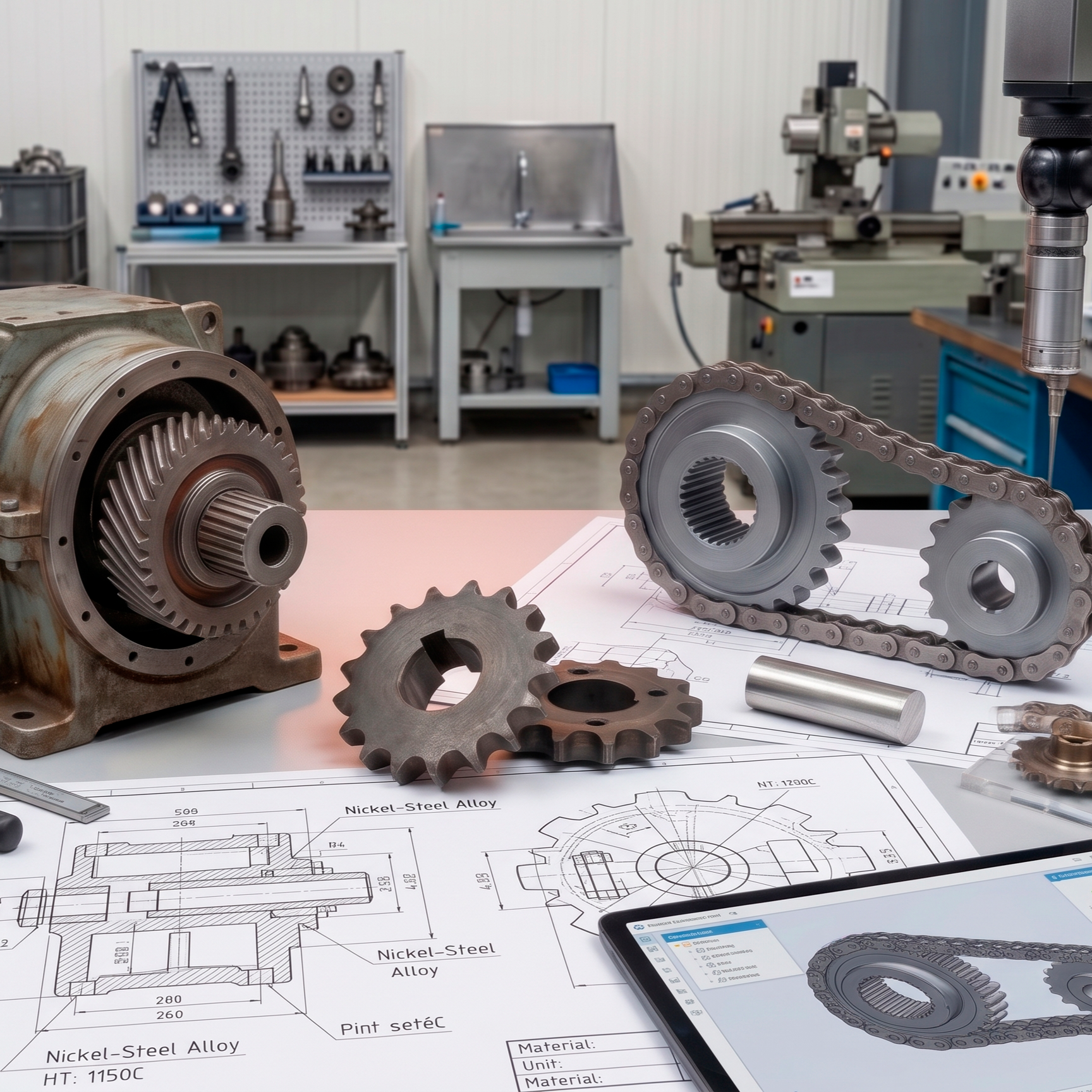 Componentes mecánicos y planos técnicos en una mesa de trabajo, con herramientas y maquinaria en un taller de ingeniería o metalurgia.