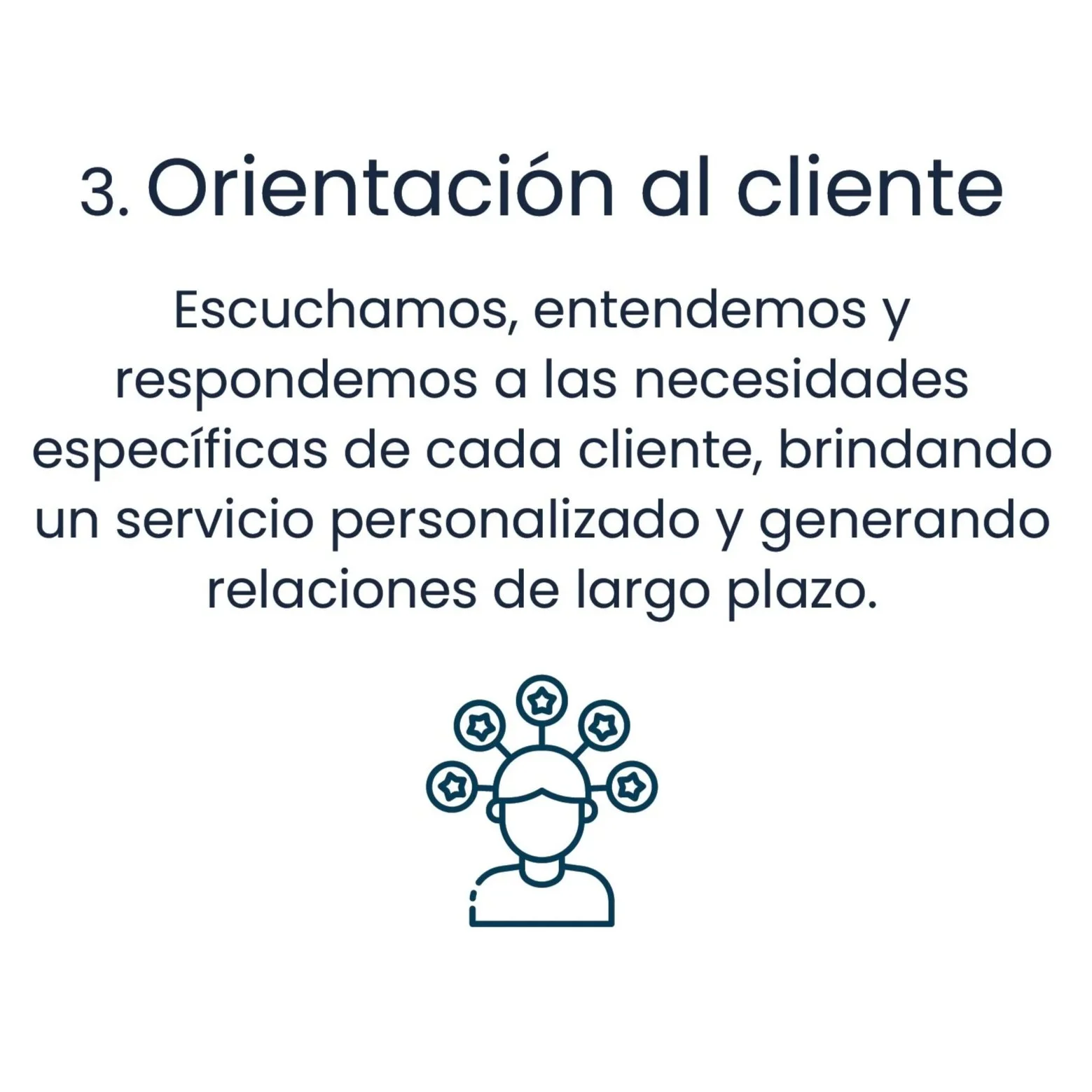 Texto que explica la importancia de la orientación al cliente en la atención, acompañada de un dibujo de una persona con neuronas y estrellas alrededor de su cabeza.