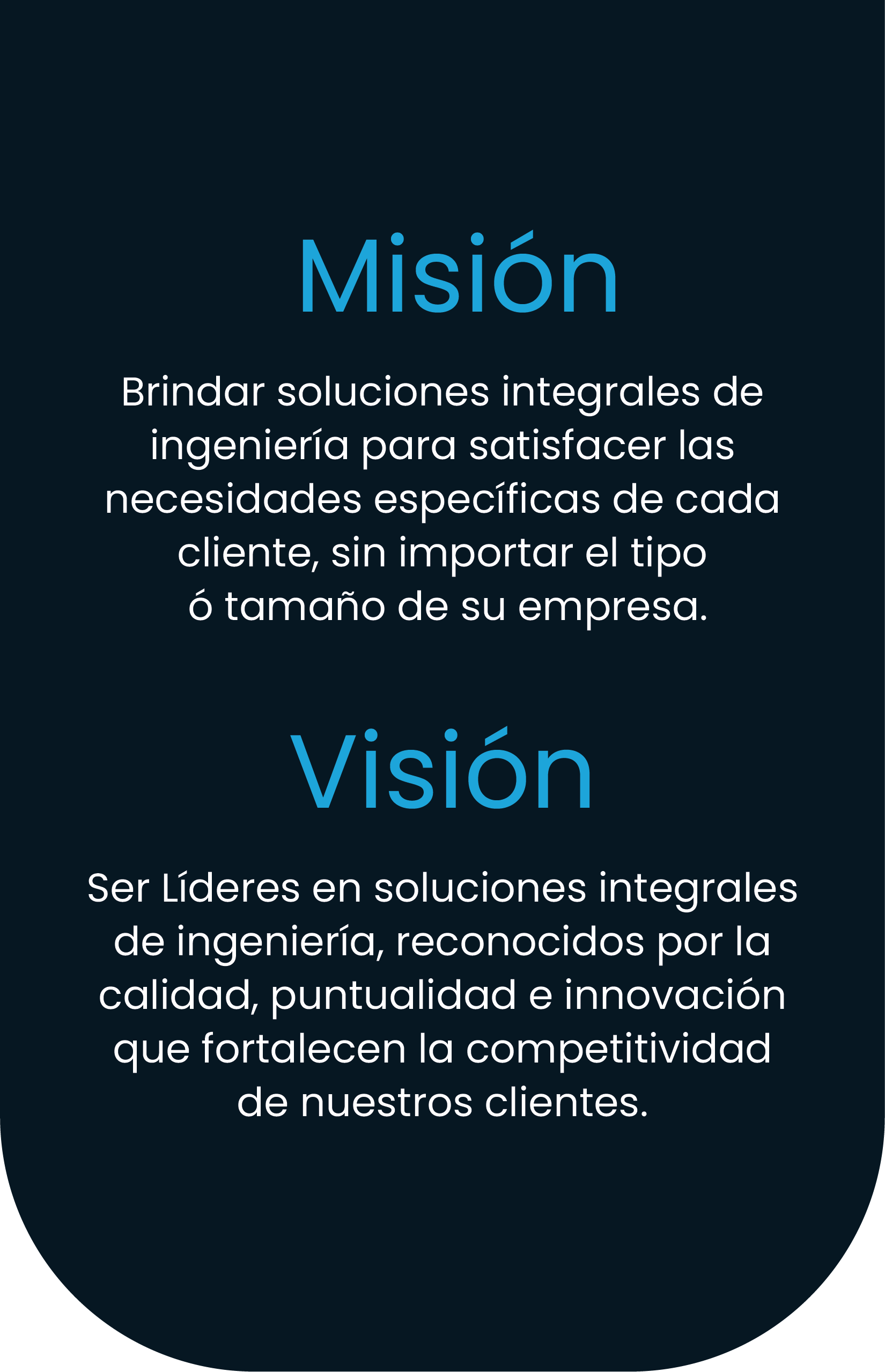 Pantalla con textos sobre misión y visión de una empresa, fondo oscuro y letras en azul y blanco.