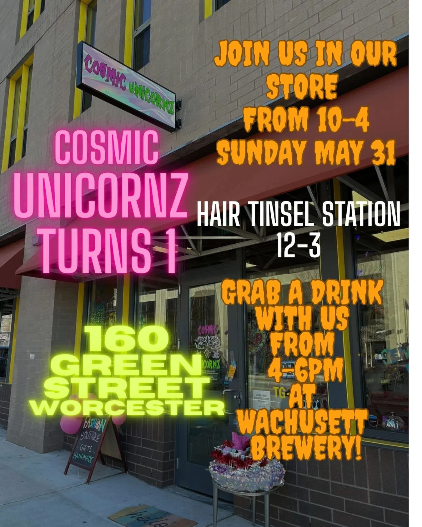 OUR 1 YEAR ANNIVERSARY AT OUR SHOP! Join us on Sunday, May 31st for shopping, hair tinsel, sign our giant birthday card, and more!!! CANT BELIEVE ITS BEEN 1 YEAR! 160 Green St, Worcester - hair tinsel will be by @crowned.jules 🥰