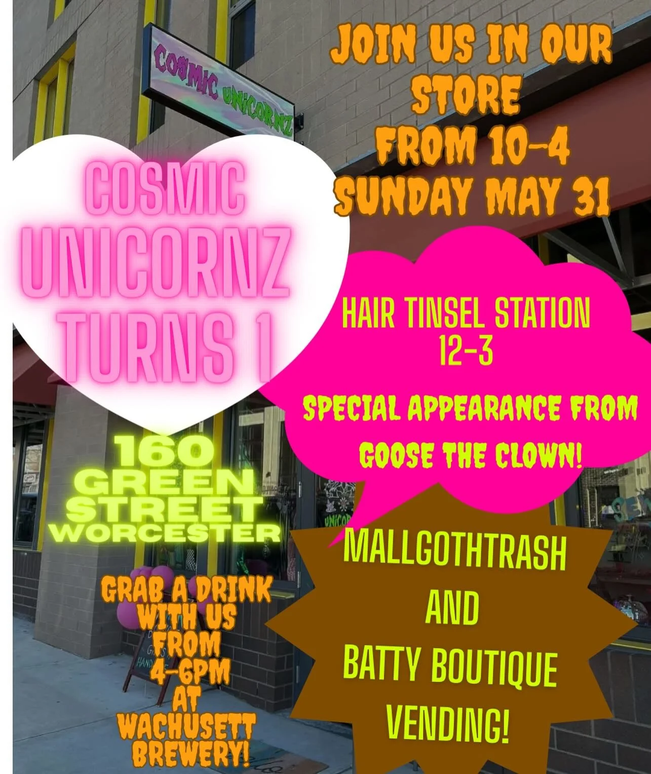 Updated flyer for our event on May 31st! It looks like shit but I refuse to use AI!!!!!!!! @motherlucygoose doing a meet n greet , @mallgothtrash and @battyboutique vending, @crowned.jules doing hair tinsel, sign our giant birthday card, cake by @swe