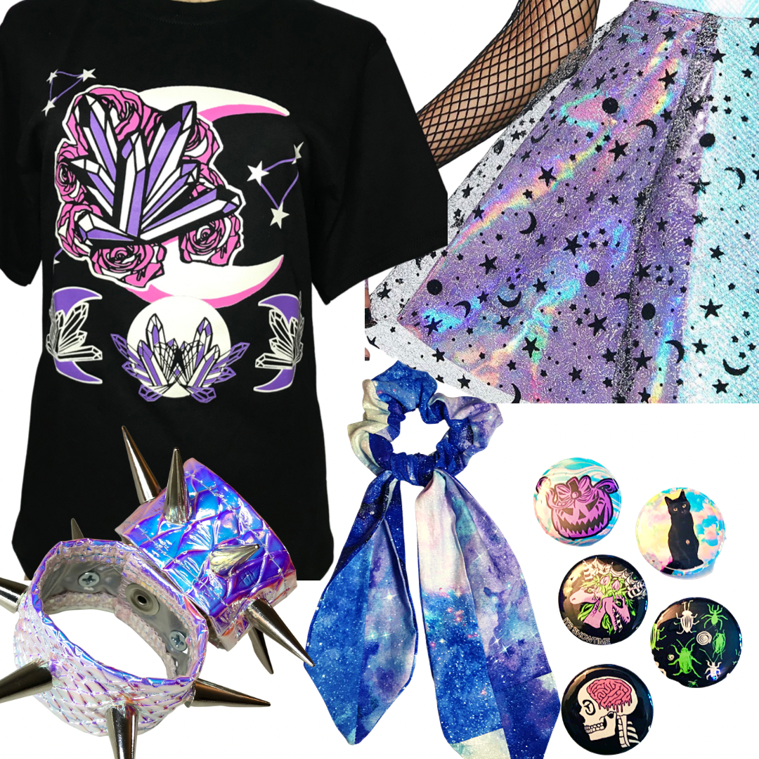 Collection of edgy fashion accessories and clothing with Halloween and celestial themes, including a black T-shirt with a moon and rose graphic, holographic star-patterned fabric, galaxy print scrunchie, holographic spiked bracelet, and Halloween-the