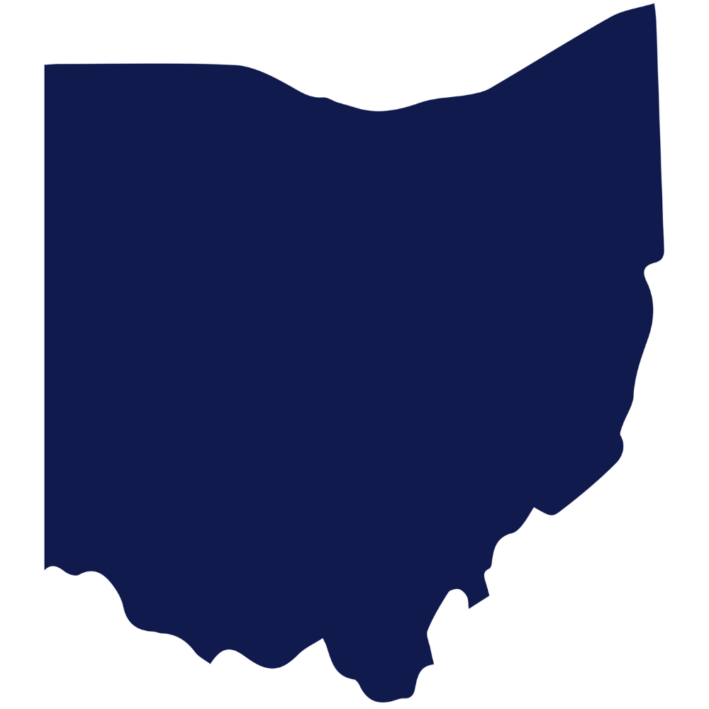 Silhouette of the state of Ohio in dark blue with a white outline.