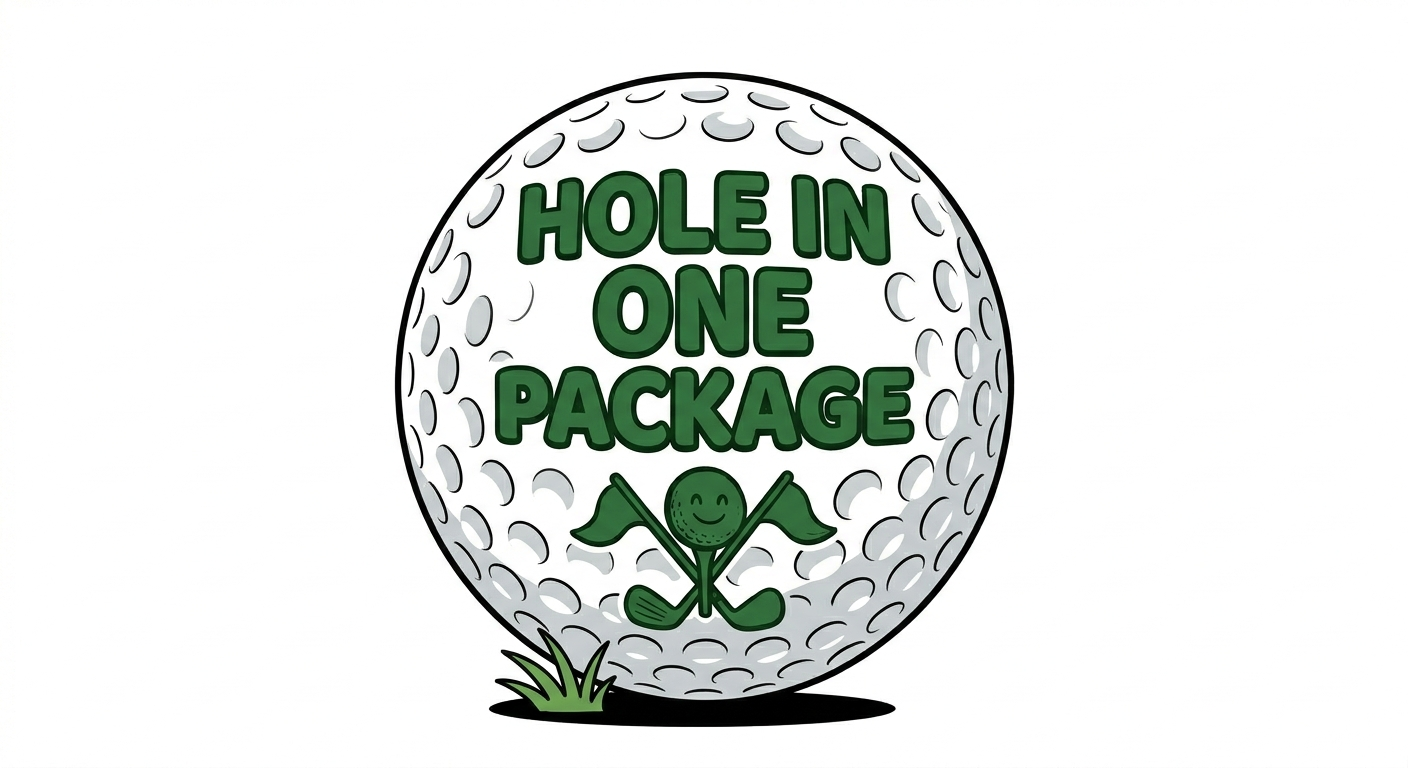 A golf ball with the words "Hole in One Package" written on it in green, with a smiling golf ball cartoon holding a golf tee and flag under the text, and a small patch of grass at the bottom.