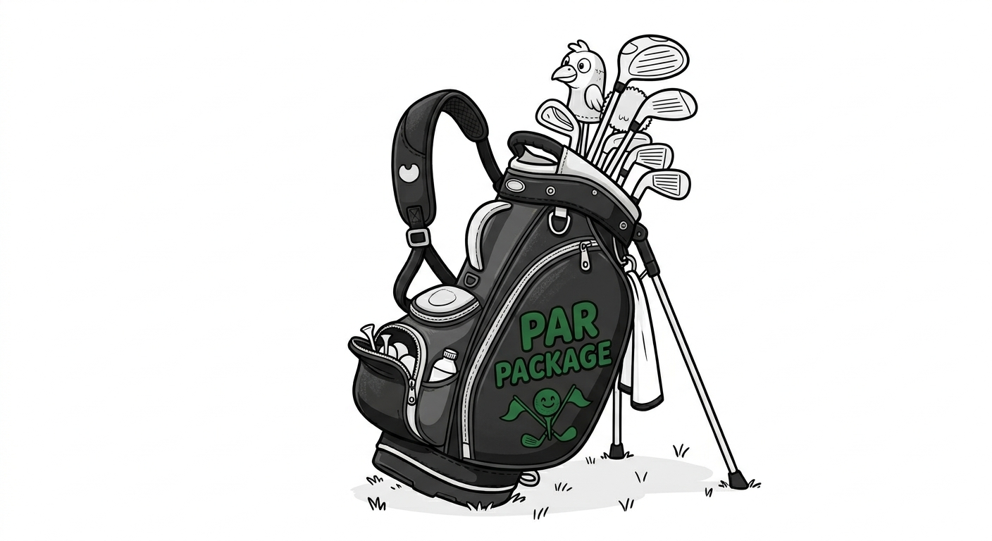Black golf bag marked "Par Package" with a smiley face and crossed golf clubs logo, standing on grass with golf clubs inside and a golf club support on a golf course.