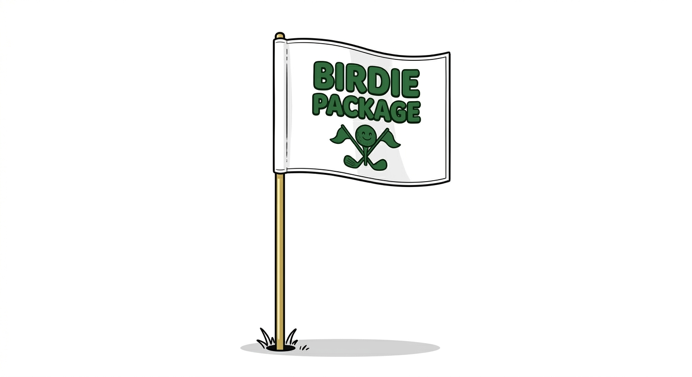 A white golf flag with green text that says 'Birdie Package' and a smiling golf club cartoon character, planted in the ground on a golf course.