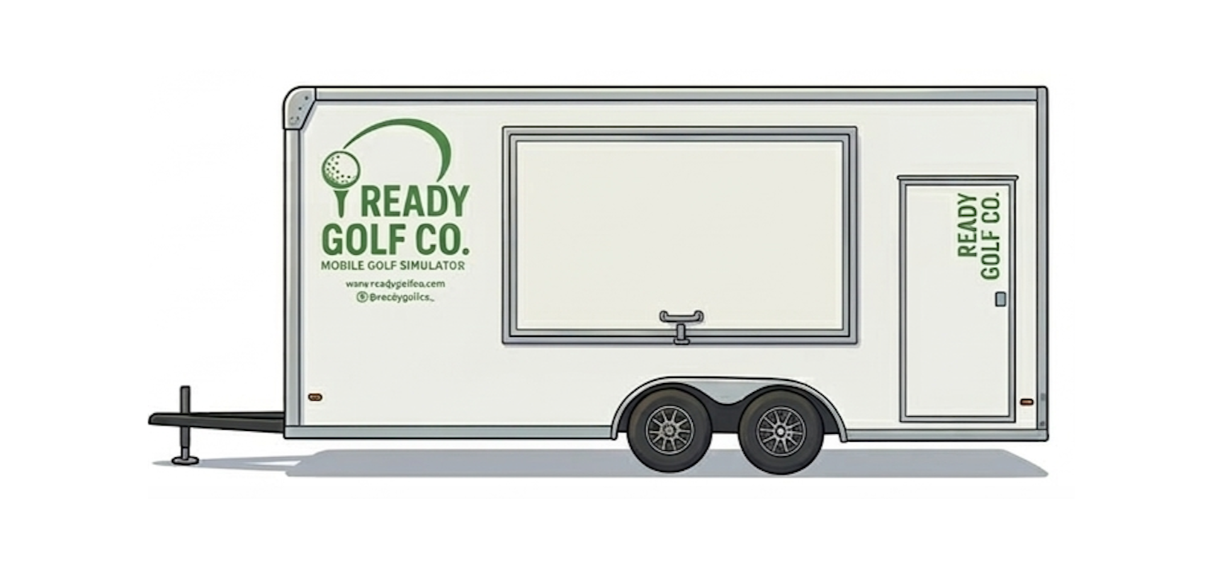 A mobile trailer with the logo of Ready Golf Co., a golf simulator company, displayed on the side. The trailer has a side door, a window, two wheels, a support stand, and the company's website addresses written on it.