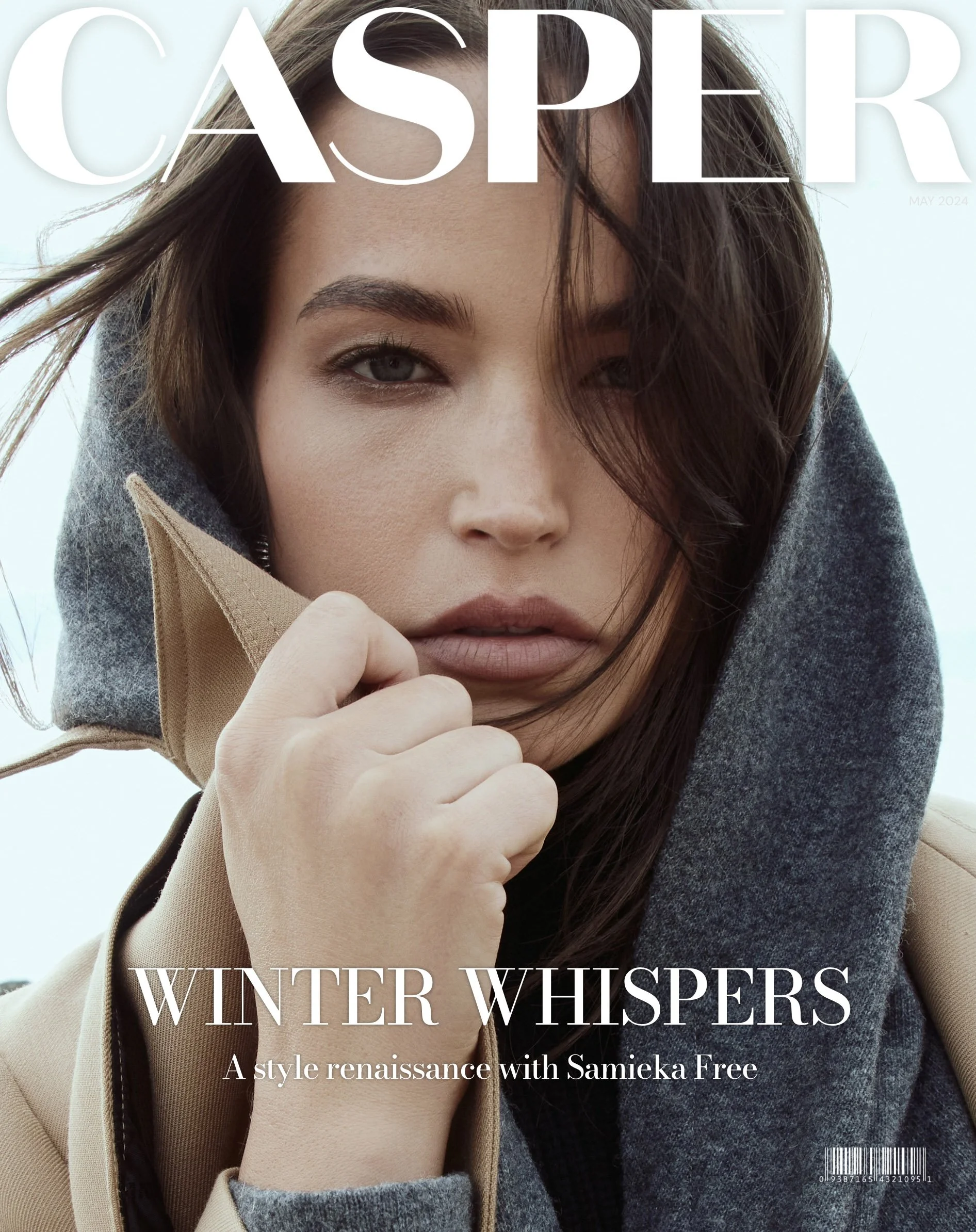 Close-up of a woman with brown hair, wearing a grey hooded coat, on the cover of CAsPER magazine, May 2024, with the headline 'Winter Whispers' and a subheading about style renaissance with Samieka Free.