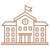 Minimal line icon of a classical building above the title Institutional Experiences, representing structured organizational support environments.