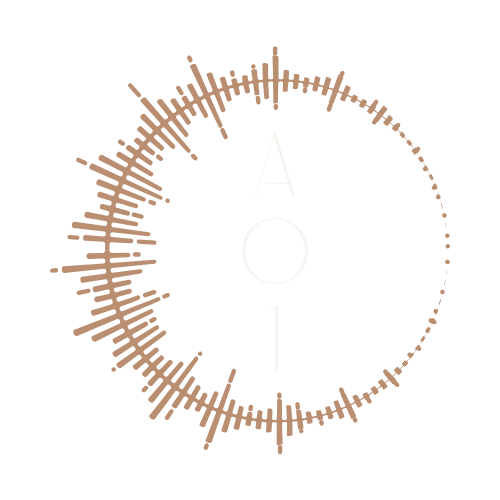 Graphic of circular sound wave with the letters 'A O I' in the center on a black background.