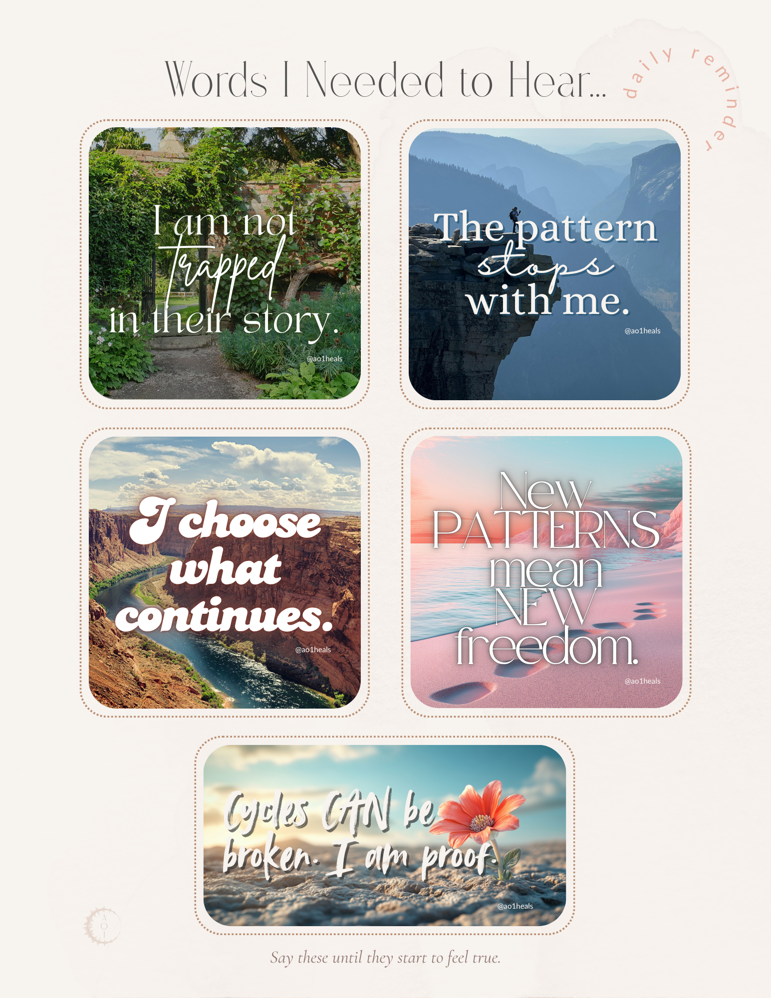 A page of affirmation cards from the Voice Kit PDF, with phrases like the pattern stops with me and I choose what continues over calm nature photos.